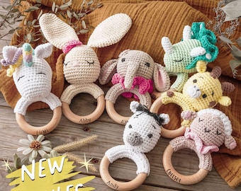 Personalized Animal Crochet Rattle | Baby Shower Gift | Custom Wooden Baby Rattle | Crochet Rattle Toy | Newborn Gift for Christmas