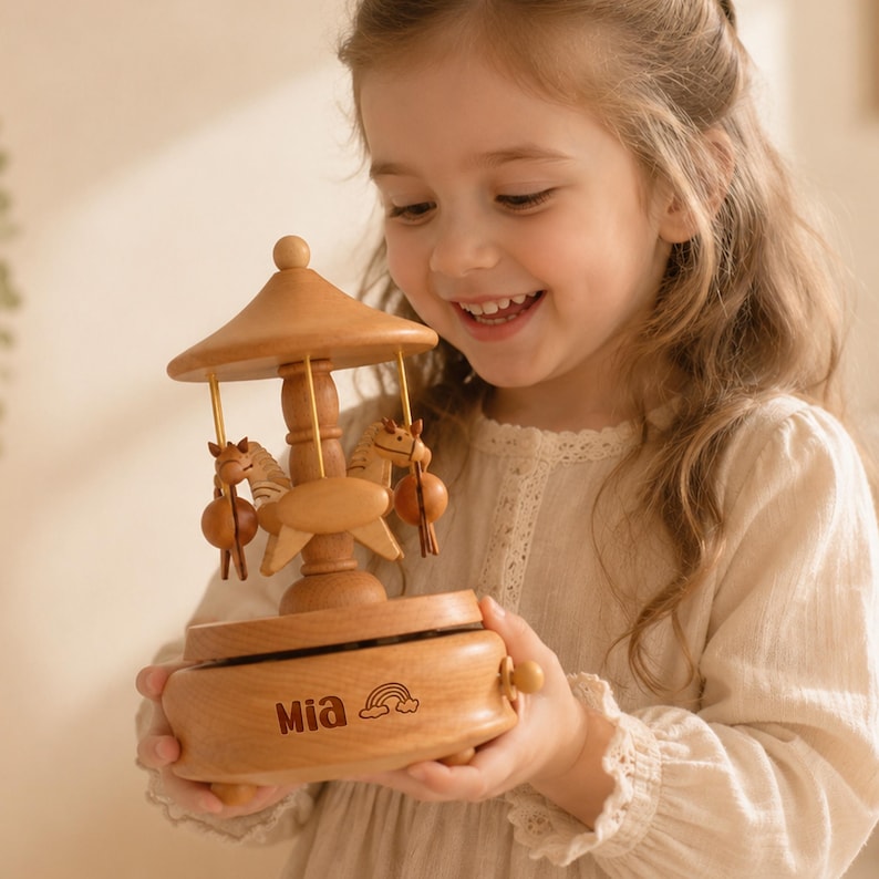 A young girl is smiling and holding a wooden carousel music box with a personalized name on it.