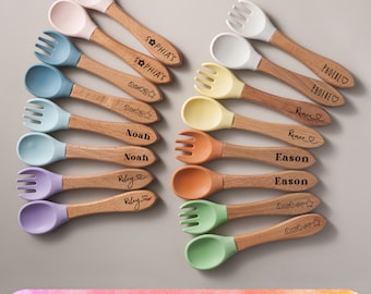 Ensemble cuillère et fourchette en silicone pour bébé | Ensemble de couverts personnalisés pour bébé | Cadeaux baby shower | Cuillère et fourchette pour tout-petit | Ustensiles en silicone | Cadeau nouvelle maman