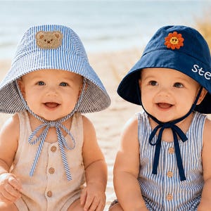 Cute Chenille Patch Baby Sunhat, Custom Name Striped Cotton Swim Cap [R]