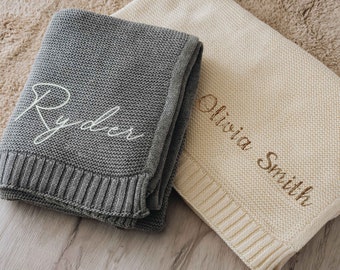 Custom Knit Baby Blanket | Embroidered Name Nursery Blanket | Baby Shower Gift | Newborn Holiday Gift | Cotton Knit Stroller Blanket