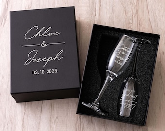 Personalized Champagne Flutes Set of 2, Engagement Gift, Mr and Mrs Wedding Glasses, Engraved Toasting Flutes for Bride and Groom Gift [T]