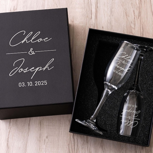 Gepersonaliseerde champagneglazen set van 2, verlovingscadeau, meneer en mevrouw bruiloftsglazen, gegraveerde roosterfluiten voor cadeau bruid en bruidegom