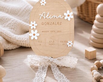 Lace Ribbon Wooden Birth Announcement Sign, Personalized 3D Acrylic Daisy Newborn Photo Prop [N]