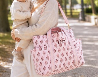 Baby Shower Gift for New Mom, Floral Block Print Diaper Bag, Embroidered Quilted Cotton Tote, Monogram Mommy Bag [N]