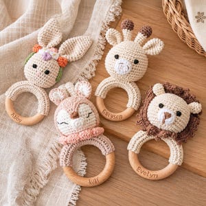Personalized Crochet Baby Rattle: Custom Engraved Beech Wood Ring Toy [R]
