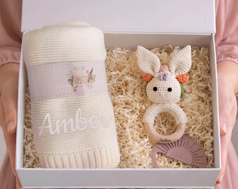 Custom New Baby Gift Box, Choose From 8 Animal Rattles, Personalized Name Blanket, Newborn Hamper [GB03M]