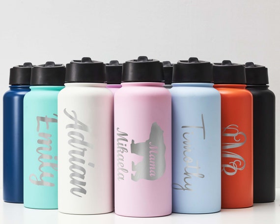 Botellas de agua personalizadas con tapa abatible y pajilla, termo  deportivo personalizado de acero inoxidable grabado, monograma  personalizado –