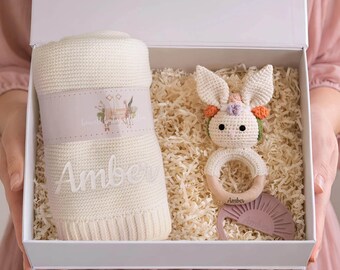 Custom New Baby Gift Box, Choose From 8 Animal Rattles, Personalized Name Blanket, Newborn Hamper [GB03M]