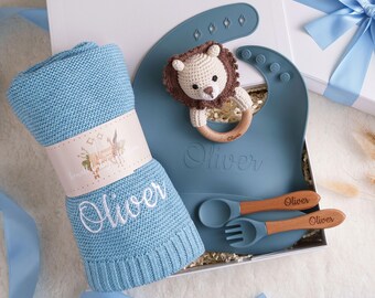 New Baby Gift Set, Embroidered Knit Blanket, Choice of 8 Animal Rattles, Silicone Feeding Set, Personalized Baby Shower Gifts [GB03M]
