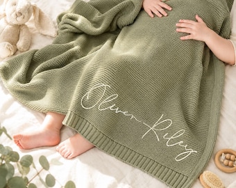 Baby Shower Gift Embroidered Name Blanket: Soft Cotton Knit Newborn Wrap [R]