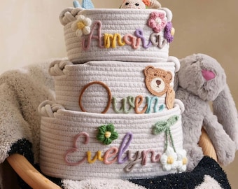 Personalized Baby Name Basket, Hand Embroidered Newborn Gift, Custom Rope Storage Bin for Nursery, Kids Toy Storage [W]