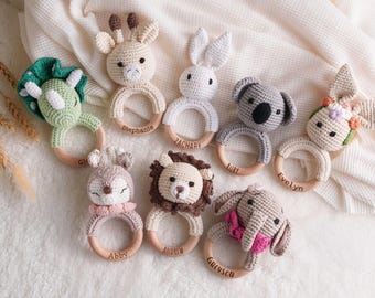 Hochet jouet personnalisé, cadeau nouvelle maman, hochet jouet anneau, jouet à saisir pour bébé, hochet jouet au crochet pour bébé, cadeaux nouveau-né