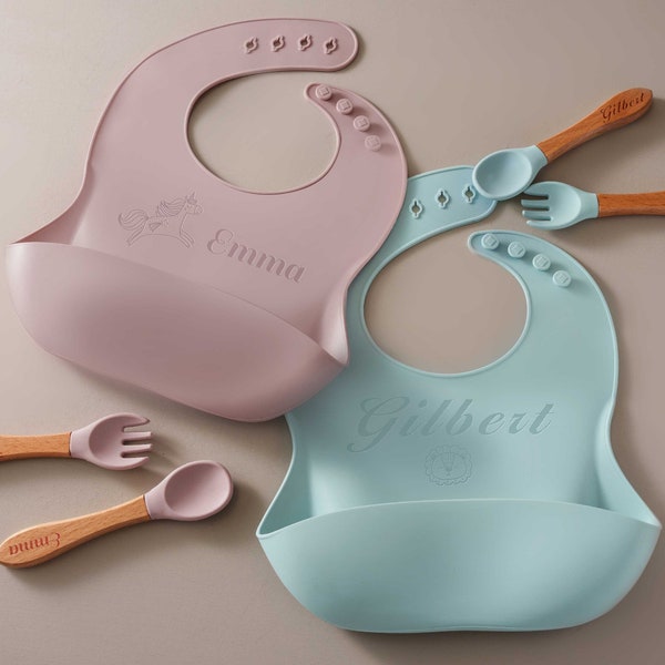 Silicone Baby Bib, Spoon&Fork Set | Personalized Baby Cutlery Set |  Baby Shower Gifts | Toddler Birthday | Silicone Utensils | New Mom Gift
