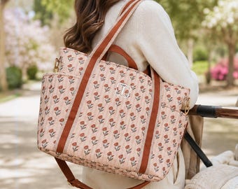 Embroidered Floral Block Print Tote, Quilted Cotton Diaper Bag, Monogram Mommy Bag [N]