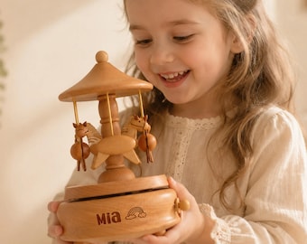 Baby Shower Gift Personalized Wooden Carousel Music Box, Custom Engraved Name