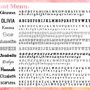 a font menu with various font names and sizes, including Gianna, Olivia, Emma, Zoe, Amelia, Sophie, Isabella, Evelyn, Hannah, Elizabeth, and Scarlettt.