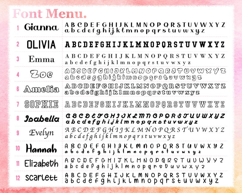a font menu with various font names and sizes, including Gianna, Olivia, Emma, Zoe, Amelia, Sophie, Isabella, Evelyn, Hannah, Elizabeth, and Scarlettt.