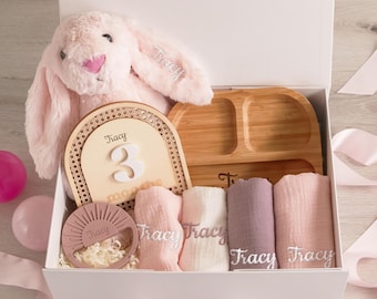 Baby Gift Box, Bib and Burp Cloth, Custom Name Gift for Baby, Personalized Keepsake Box, 1st Birthday Present, New Baby Gift Set