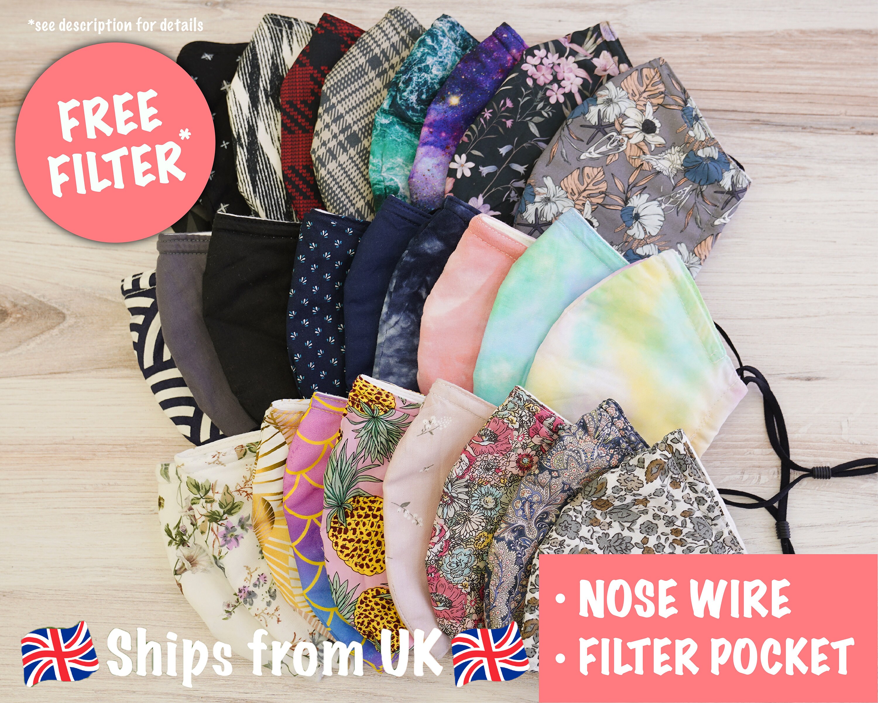 UK Face Mask with Nose Wire and Filter Pocket 4 Layers Cotton | Reusa…