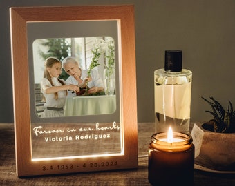 Herdenkingsfotocadeaus | Gepersonaliseerde herdenkingsgeschenken | Houten fotolijst met LED | Voor altijd in ons hart | Herdenkingsgeschenken