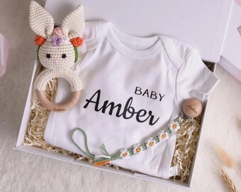 Personalized Baby Gift Box, Custom Name Onesie, 8 Animal Rattle Styles, Custom Cotton Onesie, Newborn Keepsake [GB03M]
