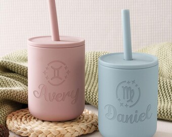 Engraved Silicone Cup for Baby, Silicone Baby Cup with Lid and Straw 7 oz, 1st birthday, Non-Spill Toddler Training Cup [W]