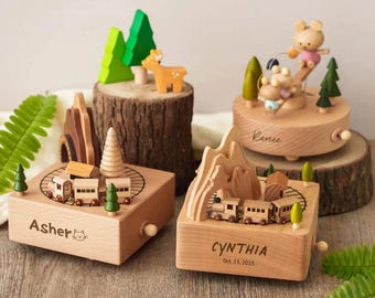 Christmas Gift for Toddler: Custom Engraved Wooden Train Music Box [R]
