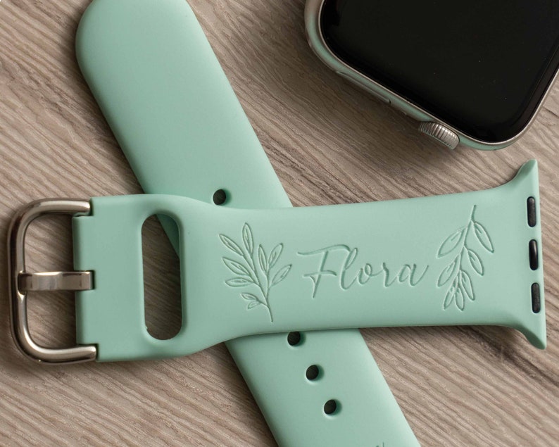 Floral Silicone Watch Band Personalized Mint Watch Band Engraved Watch Band Birthday Gifts for Best Friend Christmas Gift for Women image 5