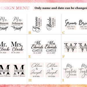 a design menu with various monogram designs for couples, including names and dates. The menu allows for the names and dates to be changed, but it does not provide any additional information beyond the names and dates.