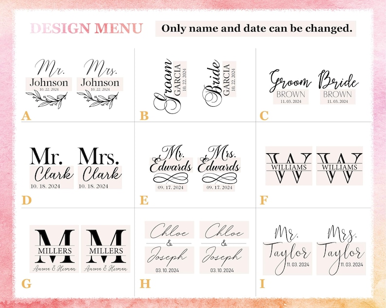 a design menu with various monogram designs for couples, including names and dates. The menu allows for the names and dates to be changed, but it does not provide any additional information beyond the names and dates.