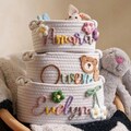 Hand Embroidered Baby Name Basket, Mothers Day Gift, Personalized Newborn Gift, Handmade Cotton Rope Basket, Easter Gift, Baby Shower Basket