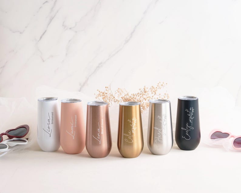 Personalisierte 6 Unzen Brautjungfer Champagnerflöte Becher, Brautjungfer Vorschlag Geschenk, Geschenk für sie, Insulierte Becher Junggesellenabschied Bild 10