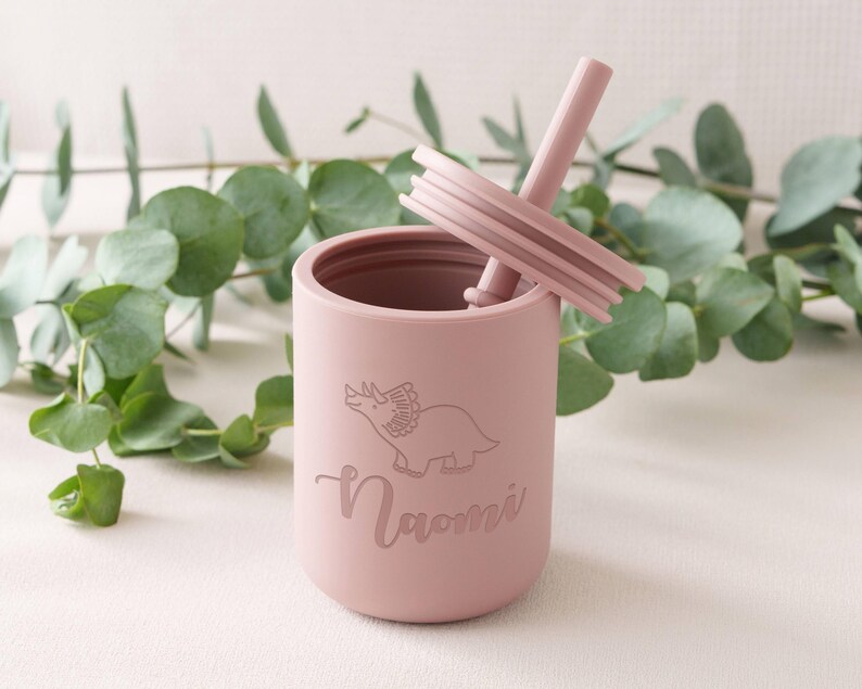 Baby Silicone Cup with Straw 200 ml, Baby Gift, Personalized Engraved Toddler Cup 7 oz, 1st birthday, Non-Spill Silicone Training Cup [W] image 7