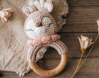 Personalized Animal Crochet Rattle, Newborn Gift, Wooden Crochet Rattle Toy, Rattle Ring, Rattle Toy Ring, Engraved Rattle with Name