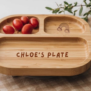 Baby Bamboo Plate with Spoon Toddler Girl Dining Set Custom Name Engraved Kids Plate Children Weaning Set 1st Birthday Gift image 5