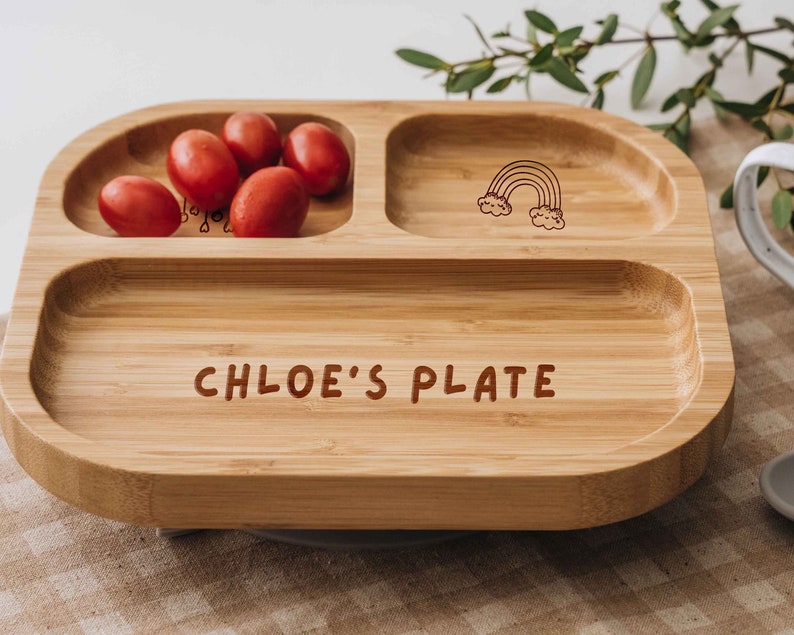 Baby Bamboo Plate with Spoon Toddler Girl Dining Set Custom Name Engraved Kids Plate Children Weaning Set 1st Birthday Gift image 5