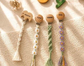 Gepersonaliseerde gehaakte fopspeenclip, neutrale boho fopspeenhouder, aangepaste naam babyaccessoire, cadeau pasgeboren babyshower
