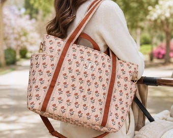 Embroidered Floral Block Print Tote, Quilted Cotton Diaper Bag, Monogram Mommy Bag [N]