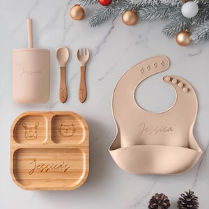 Silikon-Baby-Weaning-Set, personalisiertes Baby-Geschenk, individuell graviertes Lätzchen, Baby-Ernährungsutensilien mit Name, Kleinkind-Teller