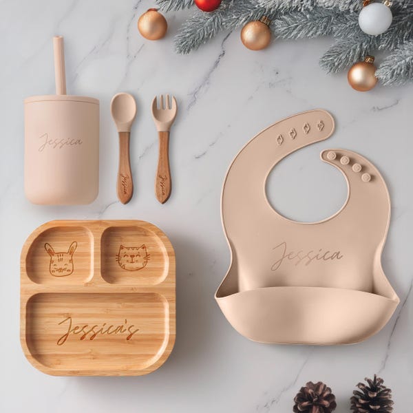 Customized Baby Gift, Silicone Baby Weaning Set, Custom Engraved Baby Bib, Baby Feeding Utensils with Name, Toddler Plate