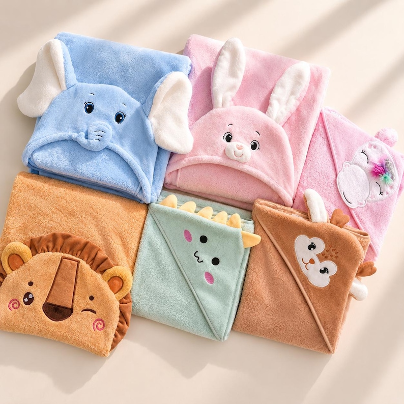 A collection of colorful, animal-themed towels or blankets, including a blue elephant, pink bunny, orange lion, green monster, brown squirrel, and brown rabbit, arranged in a visually appealing manner.