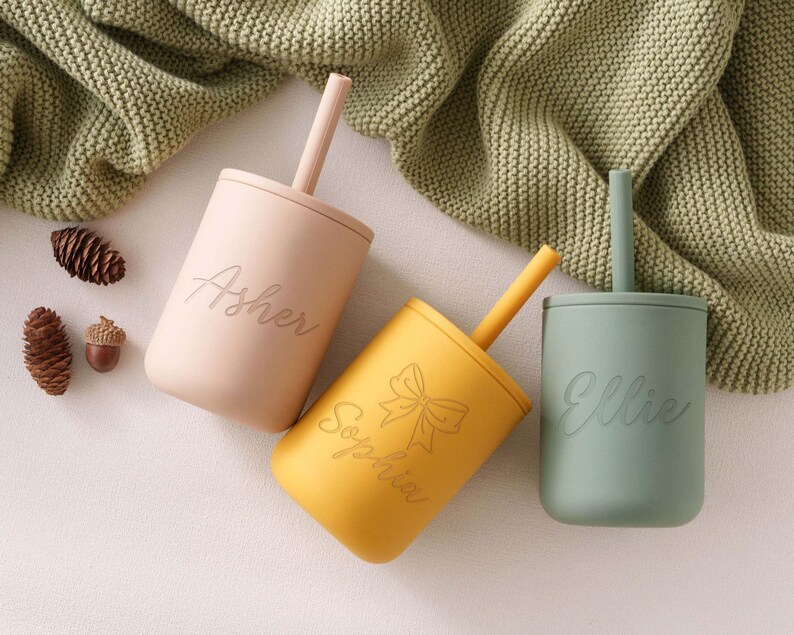 Baby Silicone Cup with Straw 200 ml, Baby Gift, Personalized Engraved Toddler Cup 7 oz, 1st birthday, Non-Spill Silicone Training Cup [W] image 5