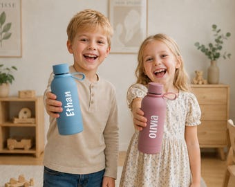 Back to School Kids Water Bottle with Name, Engraved Name Tumbler 12oz, Skinny Tumbler for Toddler [N]