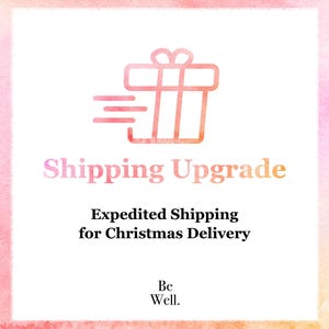 The image is a promotional graphic for shipping an upgrade for Christmas delivery. It features a stylized gift icon and the text "Shipping Upgrade" in a gradient color scheme. The text below the gift icon states "Expedited Shipping for Christmas Delivery". The phrase "Be Well" is also included in the image.
