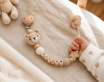 Personalized Crochet Pacifier Clip with Name on Wooden Beads, Animal Soother Holder, Dummy Clip for Baby Shower & New Mom Gift [N]