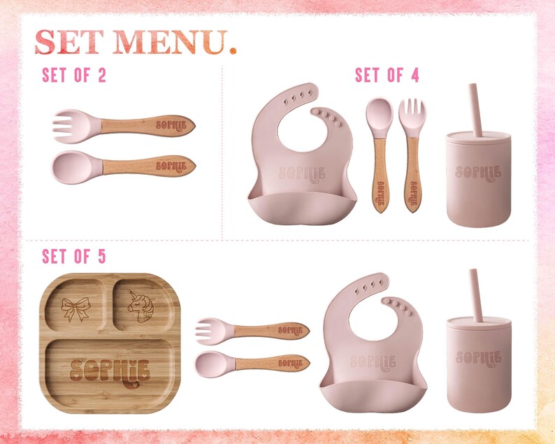 Customized Baby Gift, Silicone Baby Weaning Set, Custom Engraved Baby Bib, Baby Feeding Utensils with Name, Toddler Plate image 3
