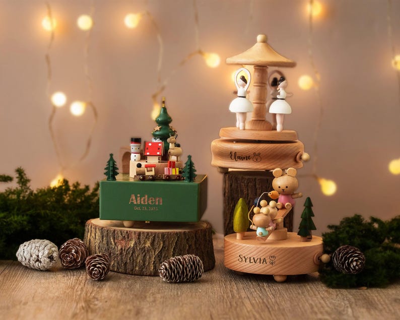 Gegraveerde muziekdoos babynaam, Moederdagcadeau, aangepast babycadeau, gepersonaliseerde houten muziekdoos, cadeau voor kind, muziekcarrousel [W+R] afbeelding 8