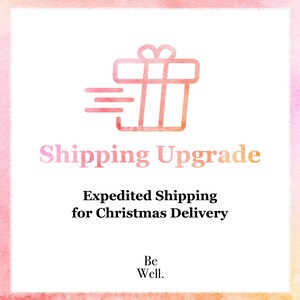 The image is a promotional graphic for shipping an upgrade for Christmas delivery. It features a stylized gift icon and the text "Shipping Upgrade" in a gradient color scheme. The text below the gift icon states "Expedited Shipping for Christmas Delivery". The phrase "Be Well" is also included in the image.