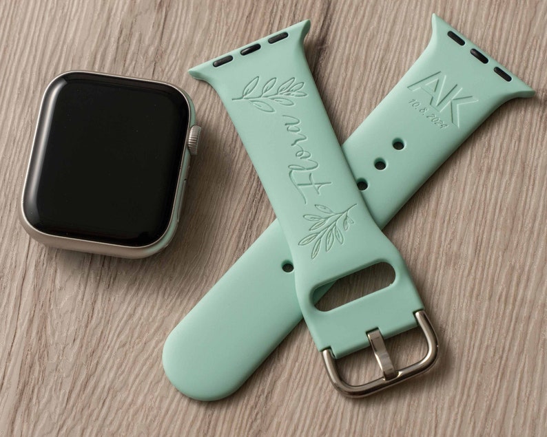 Floral Silicone Watch Band Personalized Mint Watch Band Engraved Watch Band Birthday Gifts for Best Friend Christmas Gift for Women image 1